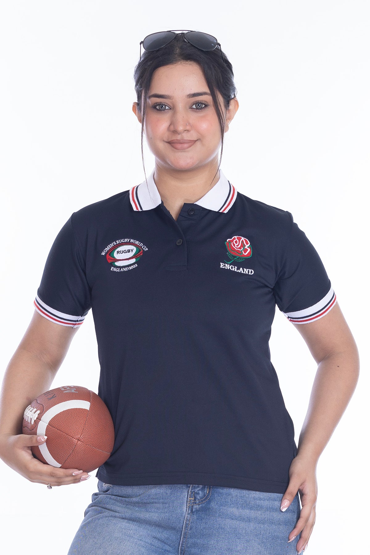 Women’s England Rugby World Cup 2025 T-Shirt – Button Down Collar, Short Sleeve S to XXL (Sizes 8-10 to 24-26)
