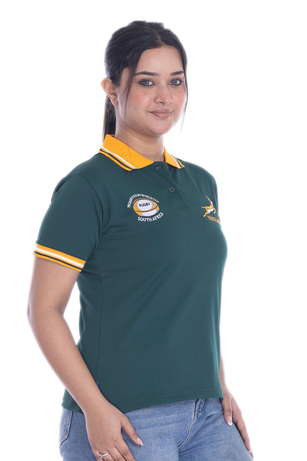 Women South Africa Rugby World Cup 2025 T Shirt | Button Down Collar style Short Sleeve Size S to XXL( 8-10 to 24-26)