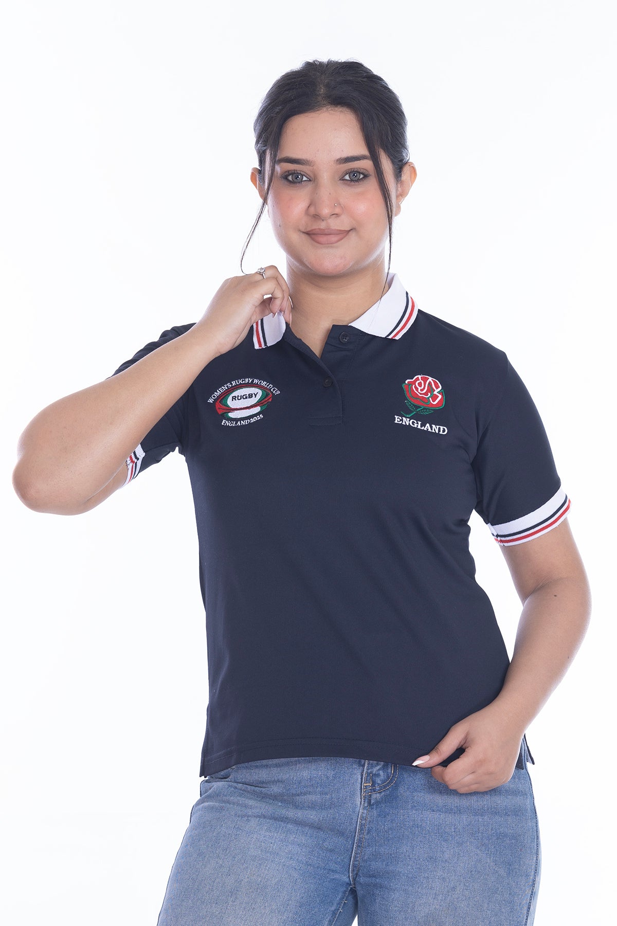 Women’s England Rugby World Cup 2025 T-Shirt – Button Down Collar, Short Sleeve S to XXL (Sizes 8-10 to 24-26)