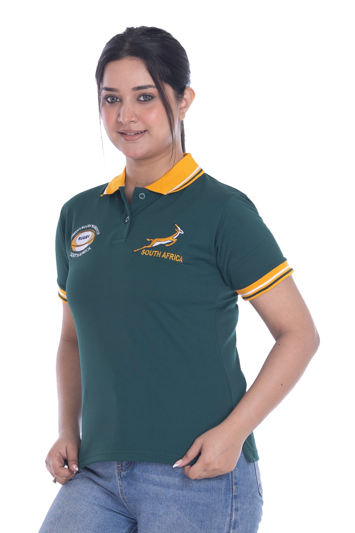 Women South Africa Rugby World Cup 2025 T Shirt | Button Down Collar style Short Sleeve Size S to XXL( 8-10 to 24-26)