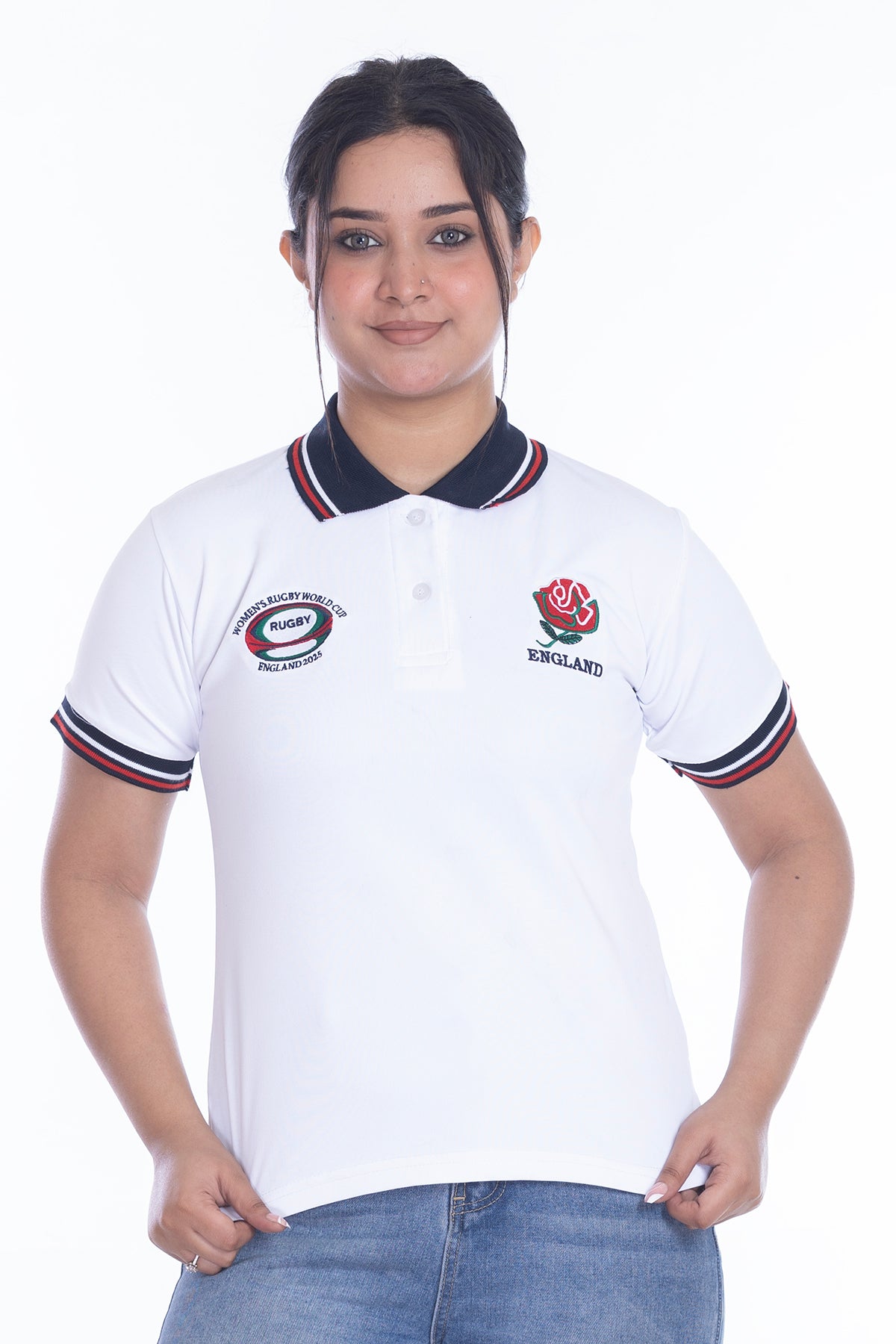Women’s England Rugby World Cup 2025 T-Shirt – Button Down Collar, Short Sleeve S to XXL (Sizes 8-10 to 24-26)