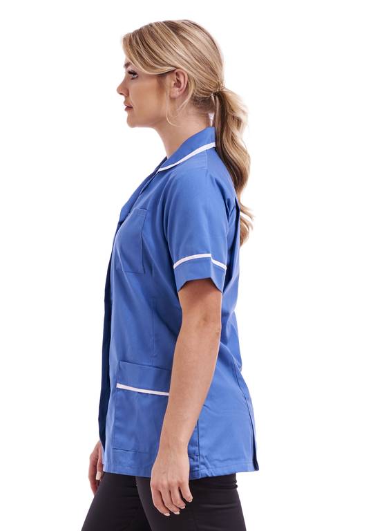 TURQUOISE BLUE TUNIC WITH WHITE ASYMMETRIC V NECKLINE UNIFORM MADE IN UK.