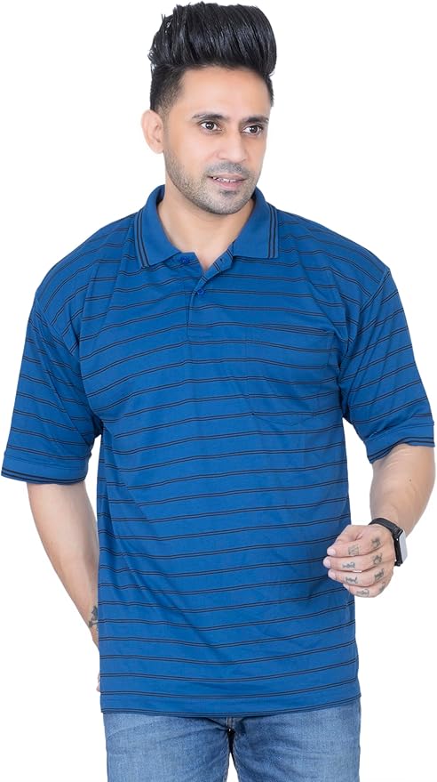 MENS STRIPED T- SHIRT  SHORT SLEEVE , SINGLE POCKET WITH CONTRAST COLLAR