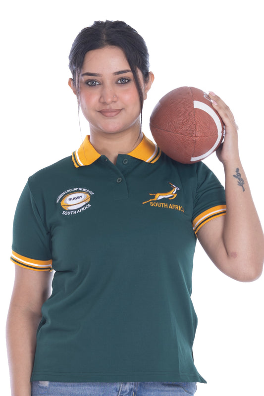 Women South Africa Rugby World Cup 2025 T Shirt | Button Down Collar style Short Sleeve Size S to XXL( 8-10 to 24-26)