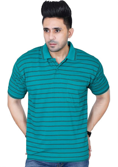 MENS STRIPED T- SHIRT  SHORT SLEEVE , SINGLE POCKET WITH CONTRAST COLLAR