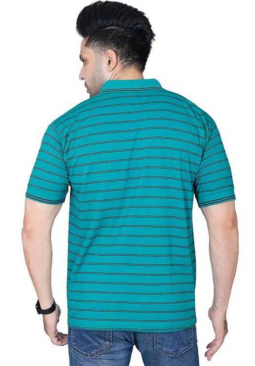 MENS STRIPED T- SHIRT  SHORT SLEEVE , SINGLE POCKET WITH CONTRAST COLLAR