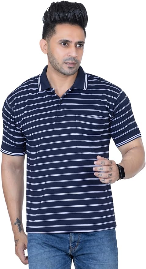 MENS STRIPED T- SHIRT  SHORT SLEEVE , SINGLE POCKET WITH CONTRAST COLLAR