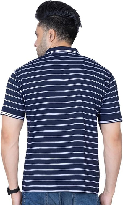 MENS STRIPED T- SHIRT  SHORT SLEEVE , SINGLE POCKET WITH CONTRAST COLLAR