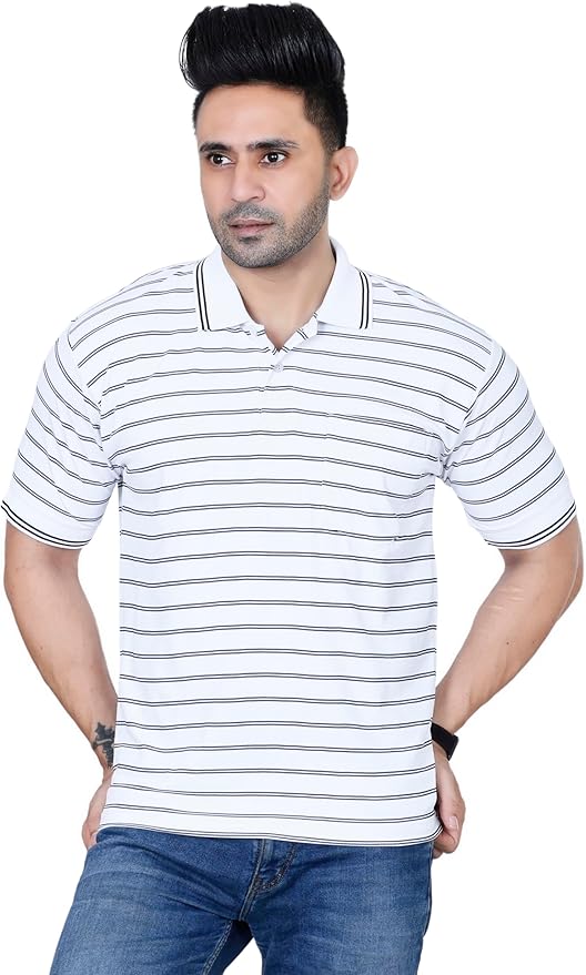 MENS STRIPED T- SHIRT  SHORT SLEEVE , SINGLE POCKET WITH CONTRAST COLLAR