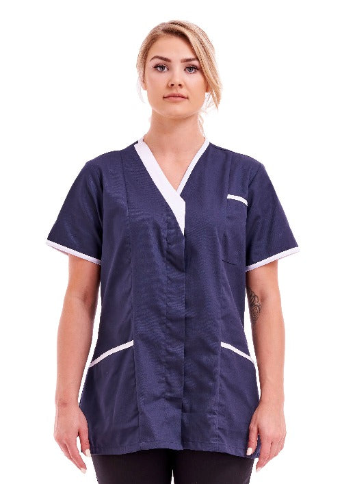 Women's Poly Cotton Asymmetric V Neckline Tunic for Nurses and Care Homes | Size S to XL | FUL04 Navy