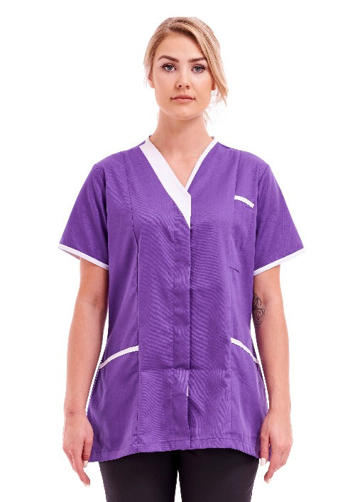 Women's Poly Cotton Asymmetric V Neckline Tunic for Nurses and Care Homes | Size S to XL | FUL04 Purple