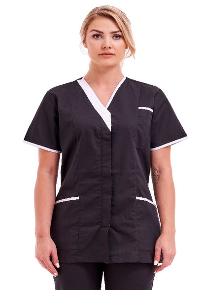 Women's Poly Cotton Asymmetric V Neckline Tunic for Nurses and Care Homes | Size S to XL | FUL04 Black