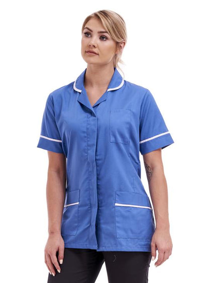 TURQUOISE BLUE TUNIC WITH WHITE ASYMMETRIC V NECKLINE UNIFORM MADE IN UK.